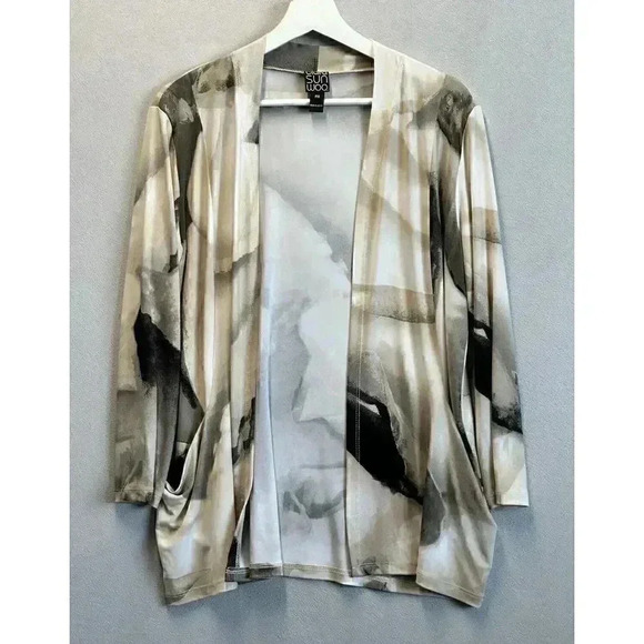 Clara Sun‎ Woo Abstract Duster Kimono Cardigan Lightweight Open Front Sz PM - Picture 1 of 8